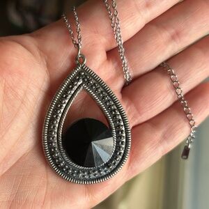 Vintage Faceted Large Black Crystal Teardrop Pendant Necklace